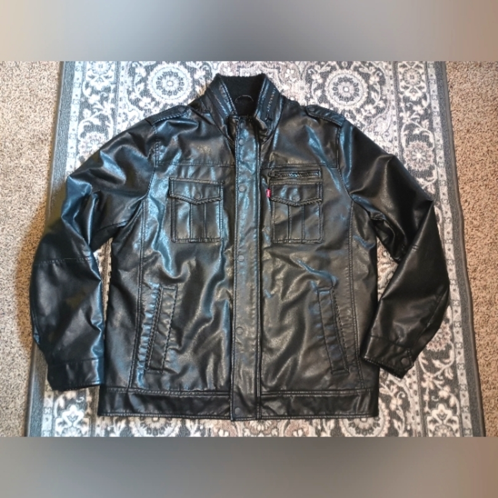 Levis Mens Faux Leather Aviator Jacket XL Black Sherpa Lined Moto Trucker Biker